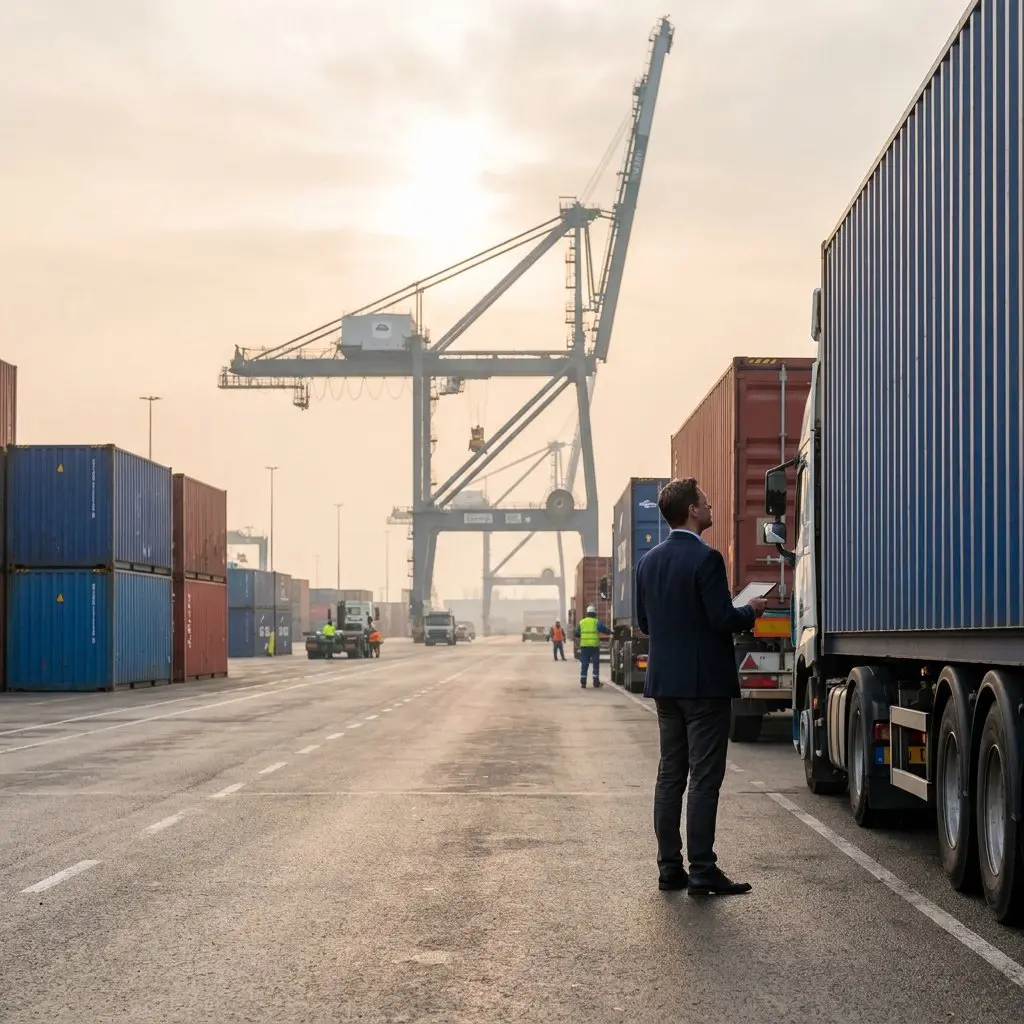 Man in a suit holding a tablet inspects a container truck at a container terminal, with a gantry crane in the background.
